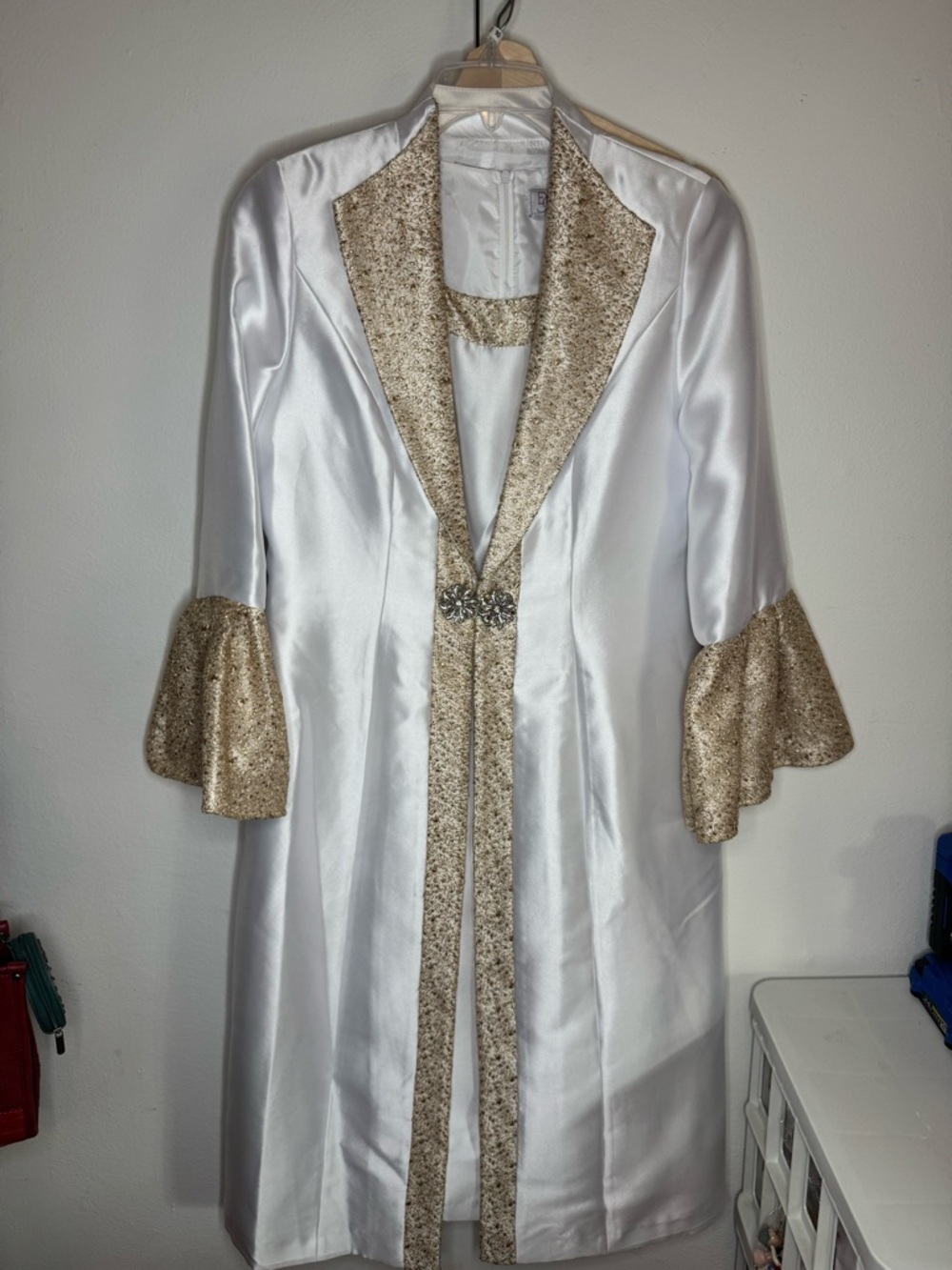 White and Gold Satin Coat Dress Set with Brooch EY Boutique 10 Especially Yours